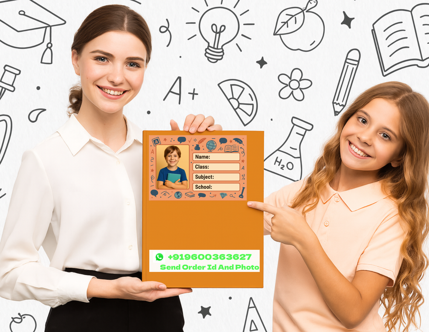 Smeeps Personalized School Book Label – Custom Photo Name Sticker for Kids | 3.5 x 2 Inch Orange Theme Notebook Labels | Pack of 10