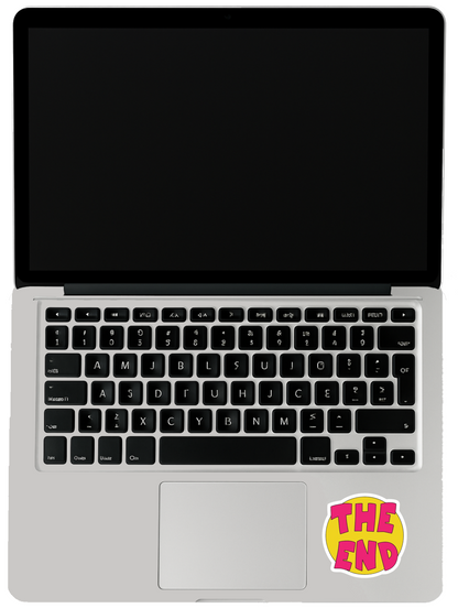 Smeeps “THE END” Sticker – 10.16 cm Bright Yellow & Pink Cartoon Style Vinyl Decal | Fun Graphic Sticker for Cars, Bikes, Laptops | Waterproof & UV Resistant