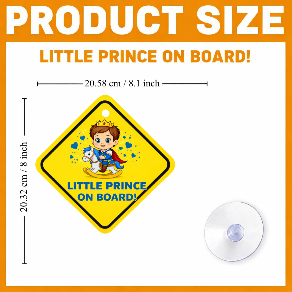 Smeeps Little Prince On Board Hanging Sign – 20.58 × 20.32 cm (8.1 × 8 Inch) Waterproof Baby Safety Car Hanging Board with Suction Cup | Cute Prince Cartoon Design