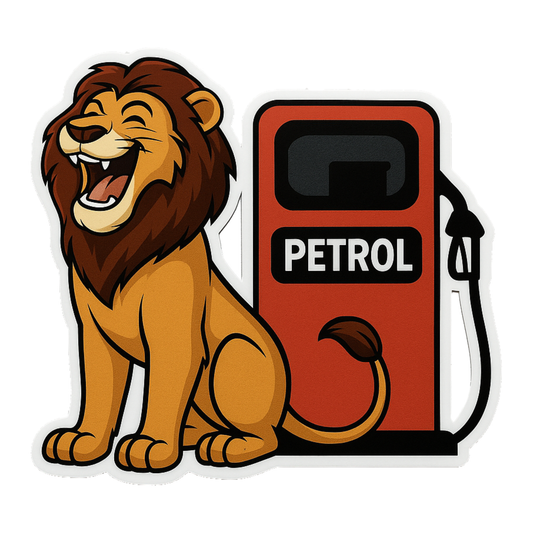 Smeeps Petrol Lion Sticker – 8.5 x 10.16 cm | Cartoon Lion with Fuel Pump Design | Waterproof Vinyl Car Decal | Bold & Fun Auto Decor