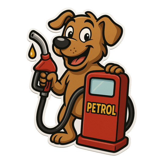 Petrol Sticker with Dog & Pump – 9 x 11.5 cm | Fun Design for Cars | Durable & Waterproof