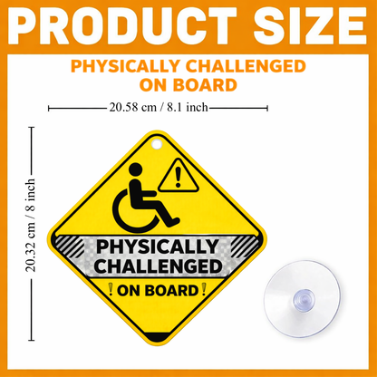 Smeeps Physically Challenged On Board Hanging Sign – 20.58 × 20.32 cm (8.1 × 8 Inch) Waterproof Car Safety Hanging Board with Suction Cup | Disability Awareness Vehicle Sign