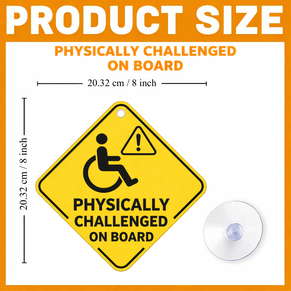 Smeeps Physically Challenged On Board Hanging Sign – 20.32 × 20.32 cm (8 × 8 Inch) Waterproof Car Safety Hanging Board with Suction Cup | Disability Awareness Warning Sign