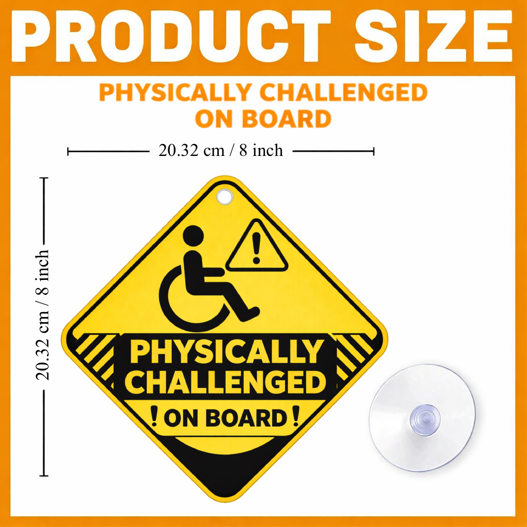 Smeeps Physically Challenged On Board Hanging Sign – 20.32 × 20.32 cm (8 × 8 Inch) Waterproof Disability Awareness Car Hanging Board with Suction Cup | Reflective Safety Warning Sign