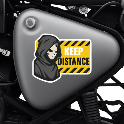 Smeeps Keep Distance Sticker – 10.41 x 12.7 cm Car & Bike Vinyl Decal | Hooded Character Safety Warning Design | Waterproof & Durable