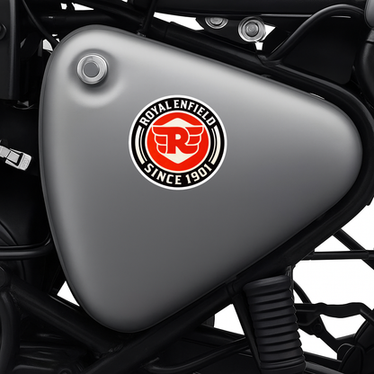 Smeeps Royal Enfield Logo Vinyl Sticker – 10.16 × 10.42 cm (4 × 4.1 Inch) Waterproof Bike Decal for Royal Enfield, Helmet, Laptop & Car | Premium Round Sticker | Pack of 1