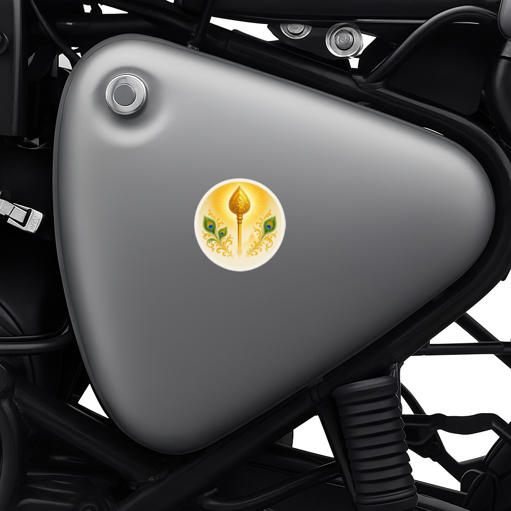 Smeeps Golden Vel with Om Symbol & Peacock Feathers Sticker | 7.62 x 7.62 cm | For Car & Bike