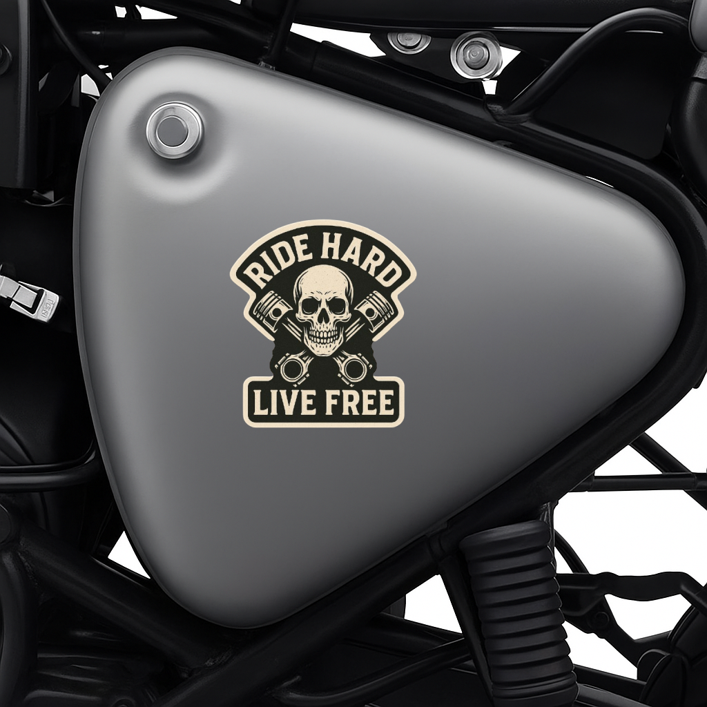 Smeeps Ride Hard Live Free Sticker – 10.16 x 10.16 cm | Skull & Pistons Vinyl Bike Decal (Rugged Beige & Black Theme)