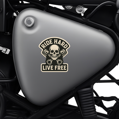 Smeeps Ride Hard Live Free Sticker – 10.16 x 10.16 cm | Skull & Pistons Vinyl Bike Decal (Rugged Beige & Black Theme)