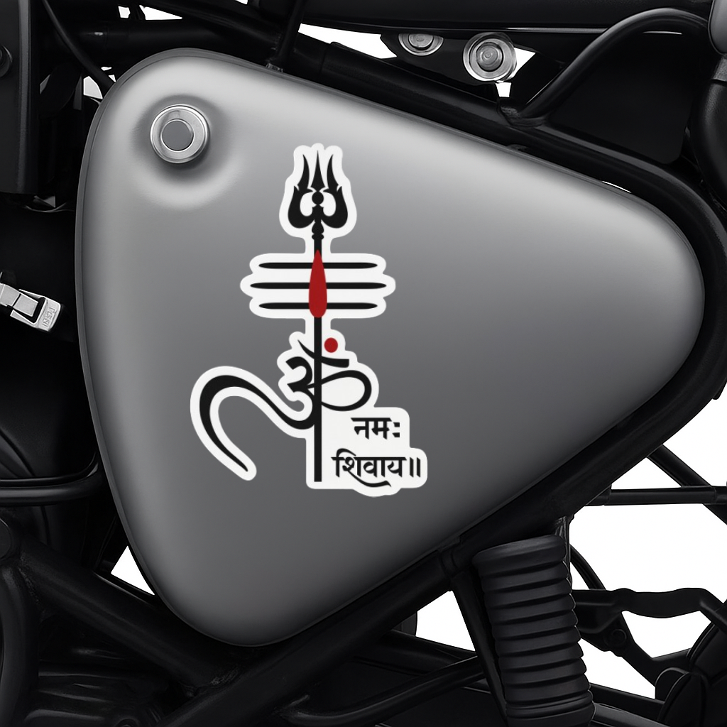 Smeeps Om Namah Shivaya Sticker – 12.7 x 8.38 cm Trishul & Damru Design | Devotional Car & Bike Vinyl Decal | Waterproof Spiritual Symbol