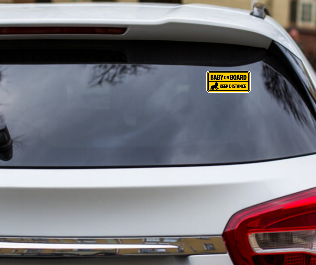 Smeeps Baby On Board Keep Distance Car Sticker – 15.24 × 7.62 cm (6 × 3 Inch) Waterproof Vinyl Safety Sticker for Cars | Yellow Warning Safety Decal | UV Resistant | Pack of 1