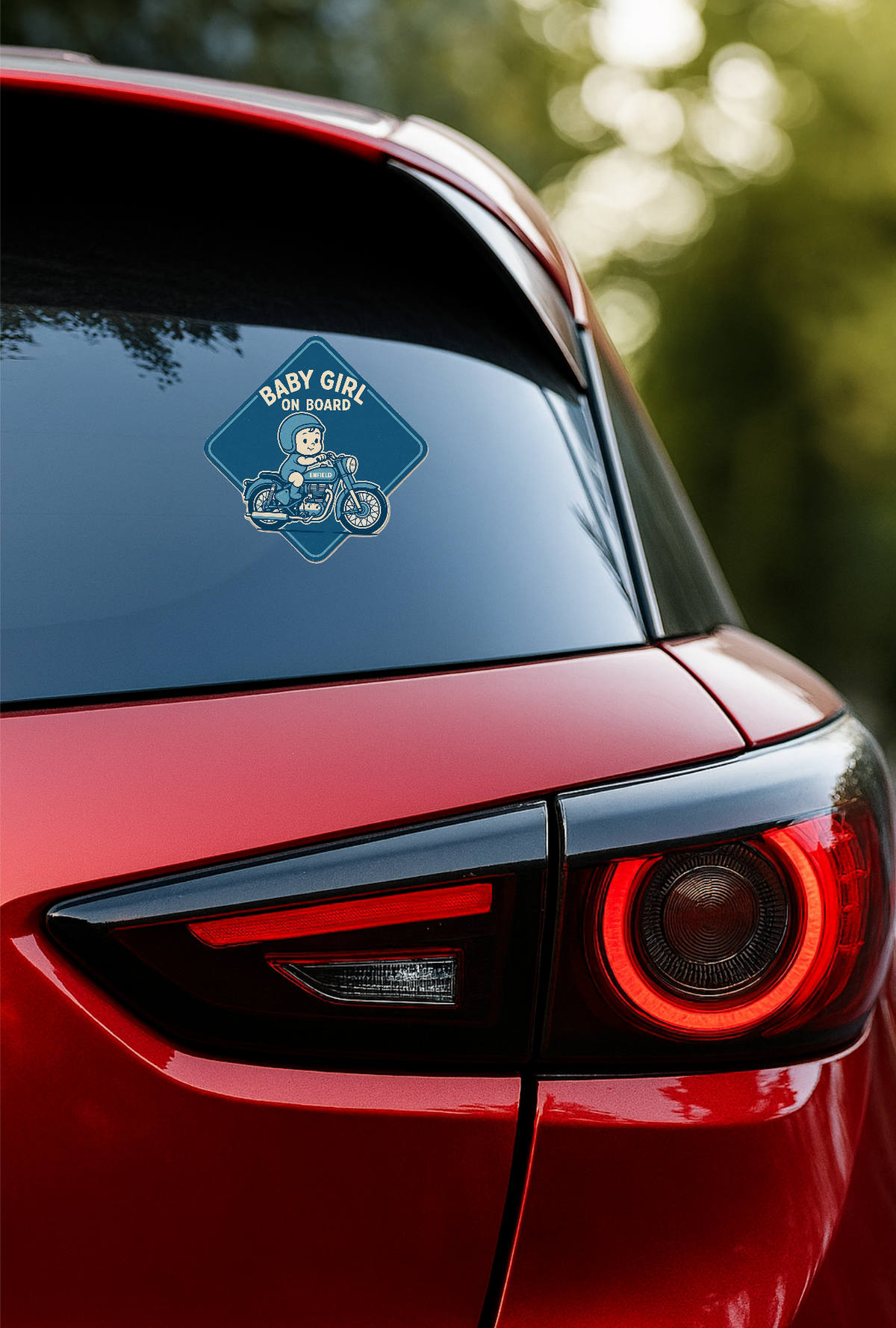 Smeeps Baby Girl On Board Sticker – 14 x 14 cm Enfield Motorcycle Theme Car Safety Decal | Retro Blue Design | Waterproof & UV-Resistant Vinyl