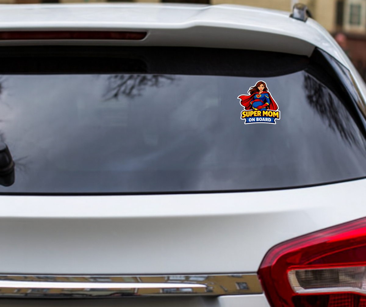 Smeeps Super Mom On Board Car Sticker – 15.24 × 15.24 cm (6 × 6 Inch) Waterproof Pregnancy Safety Vinyl Sticker | UV Resistant Maternity Car Decal for Cars, SUVs & Hatchbacks | Pack of 1