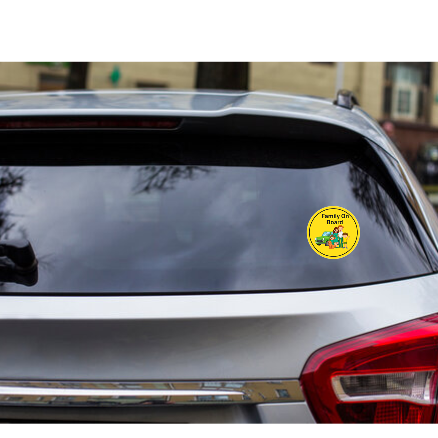 Smeeps Family On Board Sticker – 15.24 cm Round | Cartoon Family & Dog with Green Car | Bright Yellow Safety Sign for Vehicles