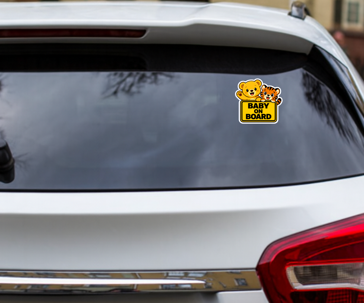 Smeeps Baby On Board Car Sticker – 13.97 × 13.21 cm (5.5 × 5.2 Inch) Waterproof Vinyl Safety Sticker for Cars | Cute Bear & Tiger Design | UV Resistant | Pack of 1