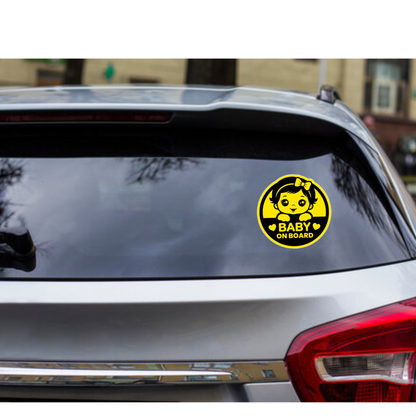 Smeeps Baby on Board Sticker – 15.24 cm Round | Cute Baby Girl Design with Bow | Yellow & Black Waterproof Car Safety Sign