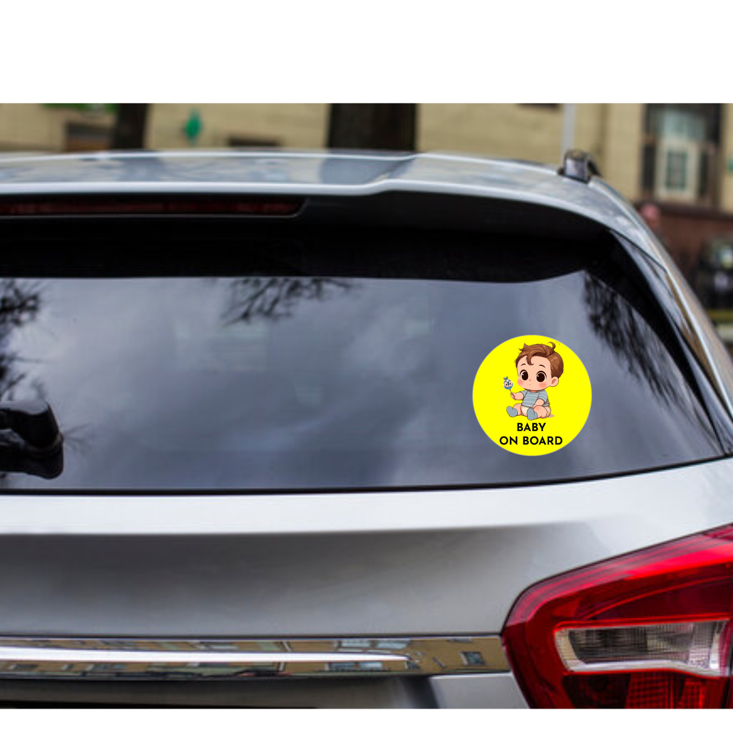 Smeeps Baby on Board Sticker – 15.24 cm Round | Cute Cartoon Baby Boy with Toy Design | Yellow & Black Waterproof Car Safety Sign
