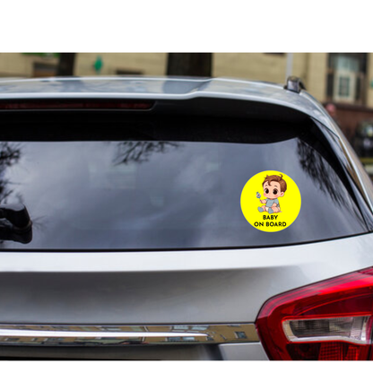 Smeeps Baby on Board Sticker – 15.24 cm Round | Cute Cartoon Baby Boy with Toy Design | Yellow & Black Waterproof Car Safety Sign