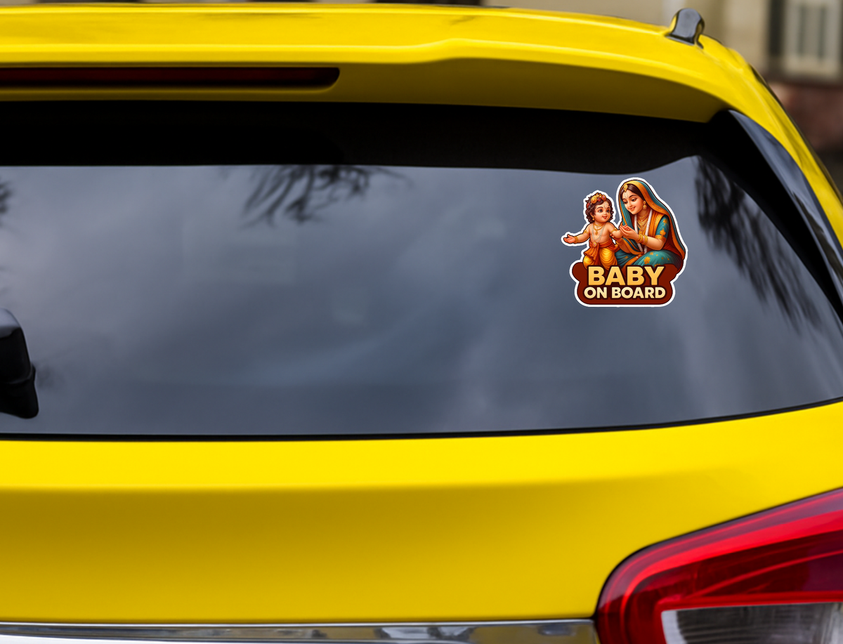 Smeeps Baby On Board Sticker – Krishna with Yashoda Divine Design | 11.43 x 10.93 cm Premium Car & Bike Safety Decal | Waterproof & Durable