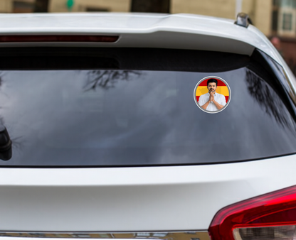 Smeeps TVK Leader Greetings Sticker – 11.43 x 11.43 cm Round Vinyl Decal | Greeting Pose with Red–Yellow Background | Waterproof & Durable