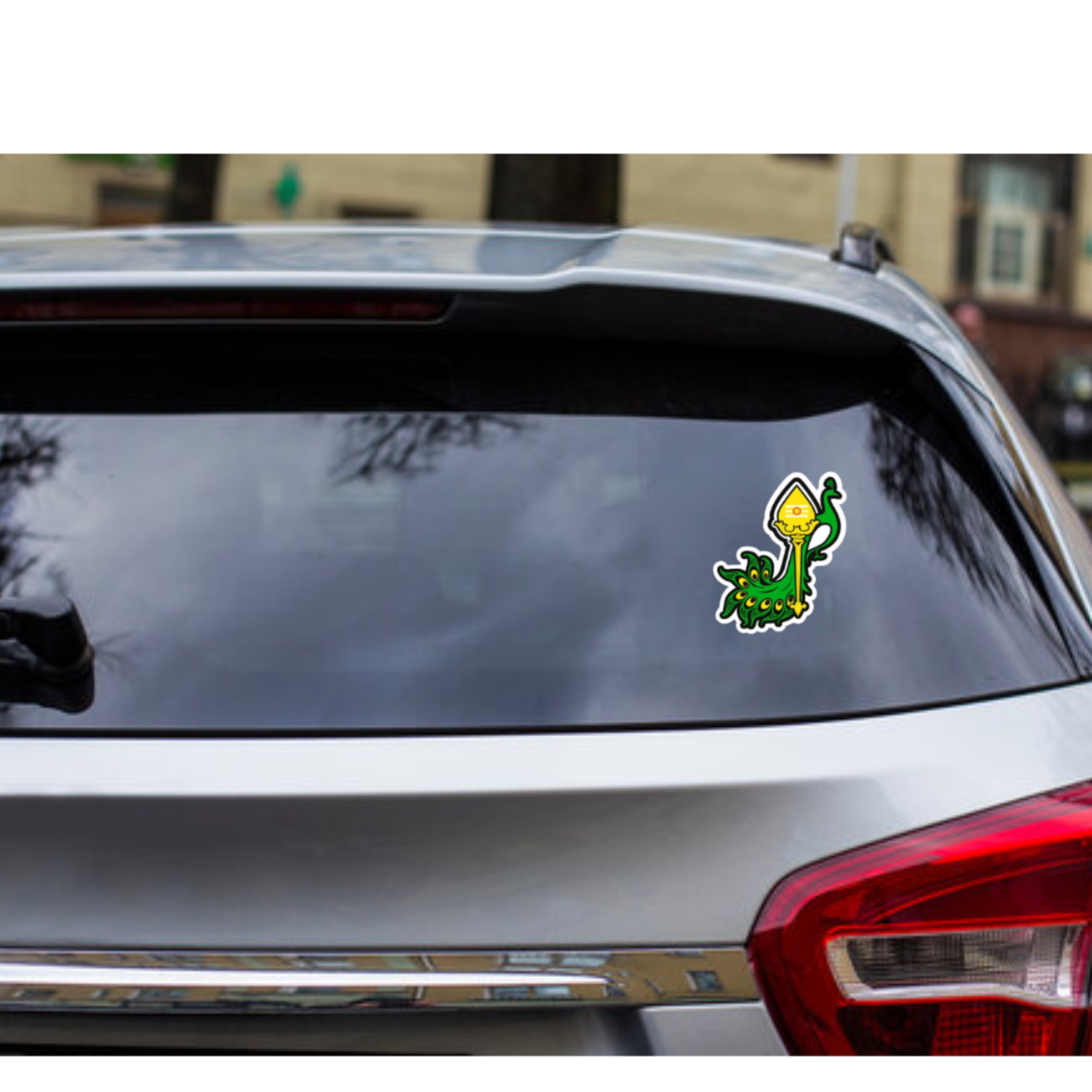 Smeeps Green Peacock with Yellow Vel Sticker | 20.32 x 12.7 cm | Devotional Car Sticker