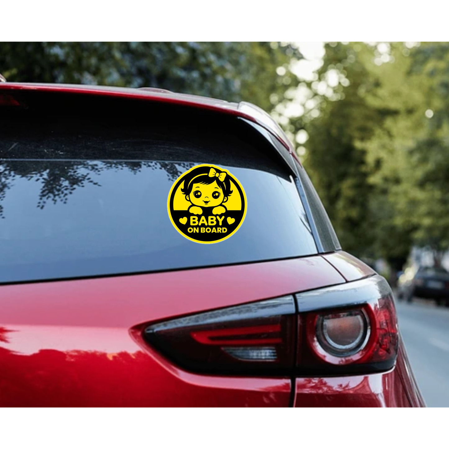 Smeeps Baby on Board Sticker – 15.24 cm Round | Cute Baby Girl Design with Bow | Yellow & Black Waterproof Car Safety Sign