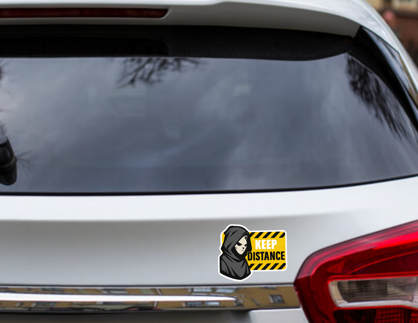 Smeeps Keep Distance Sticker – 10.41 x 12.7 cm Car & Bike Vinyl Decal | Hooded Character Safety Warning Design | Waterproof & Durable