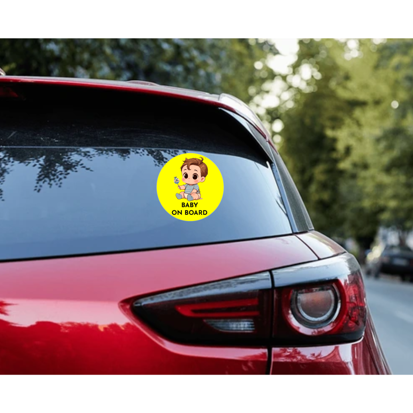 Smeeps Baby on Board Sticker – 15.24 cm Round | Cute Cartoon Baby Boy with Toy Design | Yellow & Black Waterproof Car Safety Sign