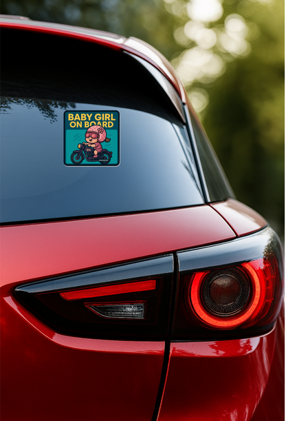 Smeeps Baby Girl On Board Sticker – 14 x 14 cm Cute Bike Rider Design | Royal Enfield Theme | Waterproof & UV-Resistant Vinyl Car Safety Decal