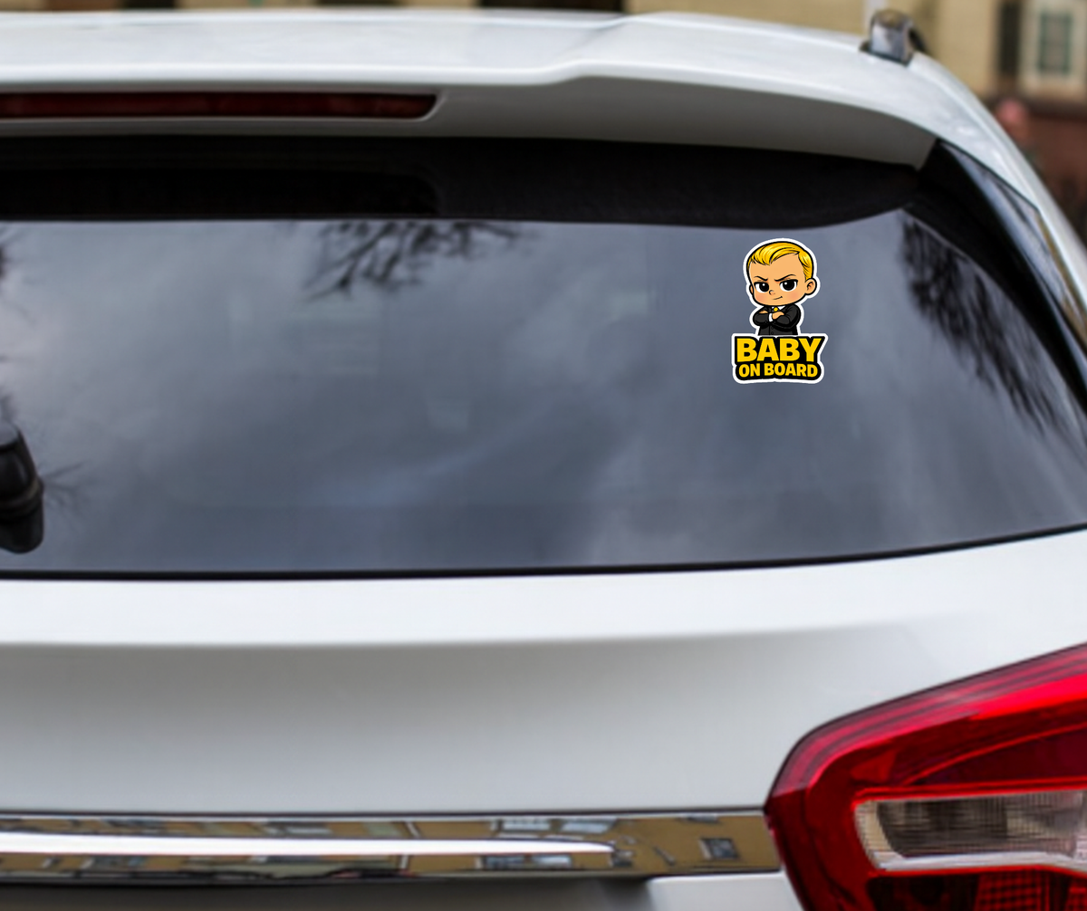 Smeeps Baby On Board Car Sticker – 13.97 × 9.15 cm (5.5 × 3.6 Inch) Waterproof Vinyl Safety Sticker for Cars | Cute Boss Baby Warning Decal | UV Resistant | Pack of 1
