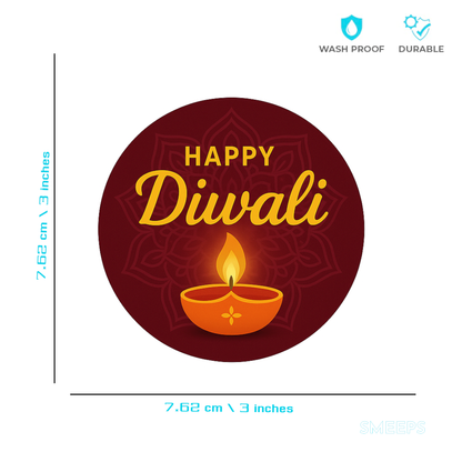 Smeeps Happy Diwali Sticker – 7.62 cm Round Maroon Diya Design | Bright Festive Vinyl Decal | Waterproof & Durable for Gift Boxes, Hampers & Decorations