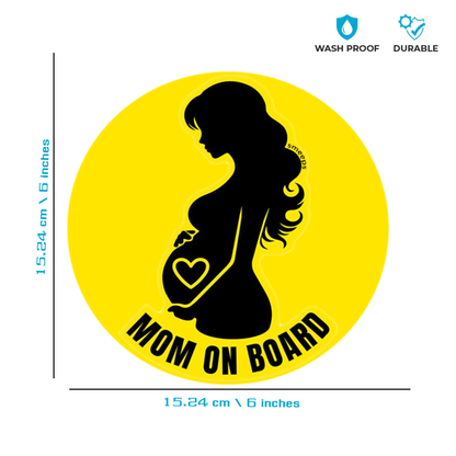 Smeeps Mom on Board Sticker – 15.24 cm Round | Bold Silhouette Design with Heart | Yellow & Black Waterproof Car Safety Sign