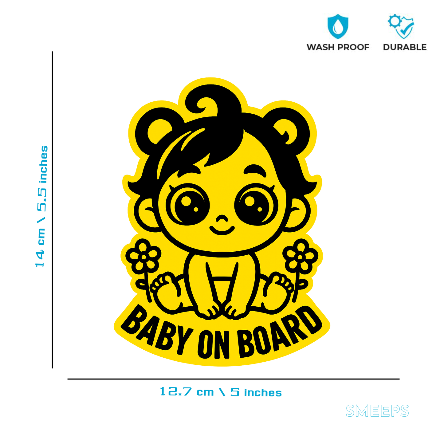 Smeeps Baby On Board Sticker – 14 x 12.7 cm Cute Sitting Baby Design with Flowers | Yellow & Black Safety Decal | Waterproof & UV-Resistant Vinyl