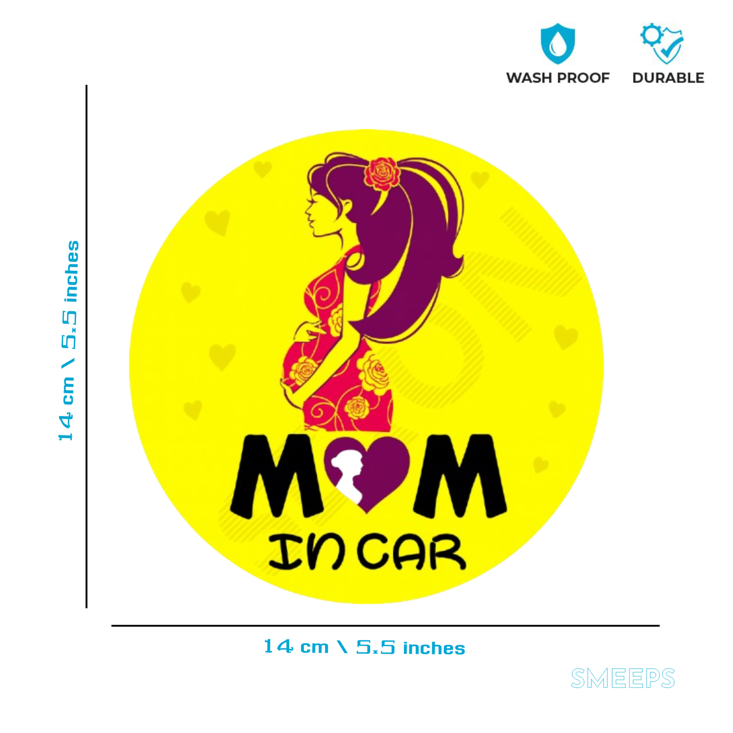 Smeeps Mom in Car Sticker – 14 x 14 cm Round Design with Stylish Pregnant Woman Art | Bright Yellow Safety Decal | Waterproof & Fade Resistant Car Sticker