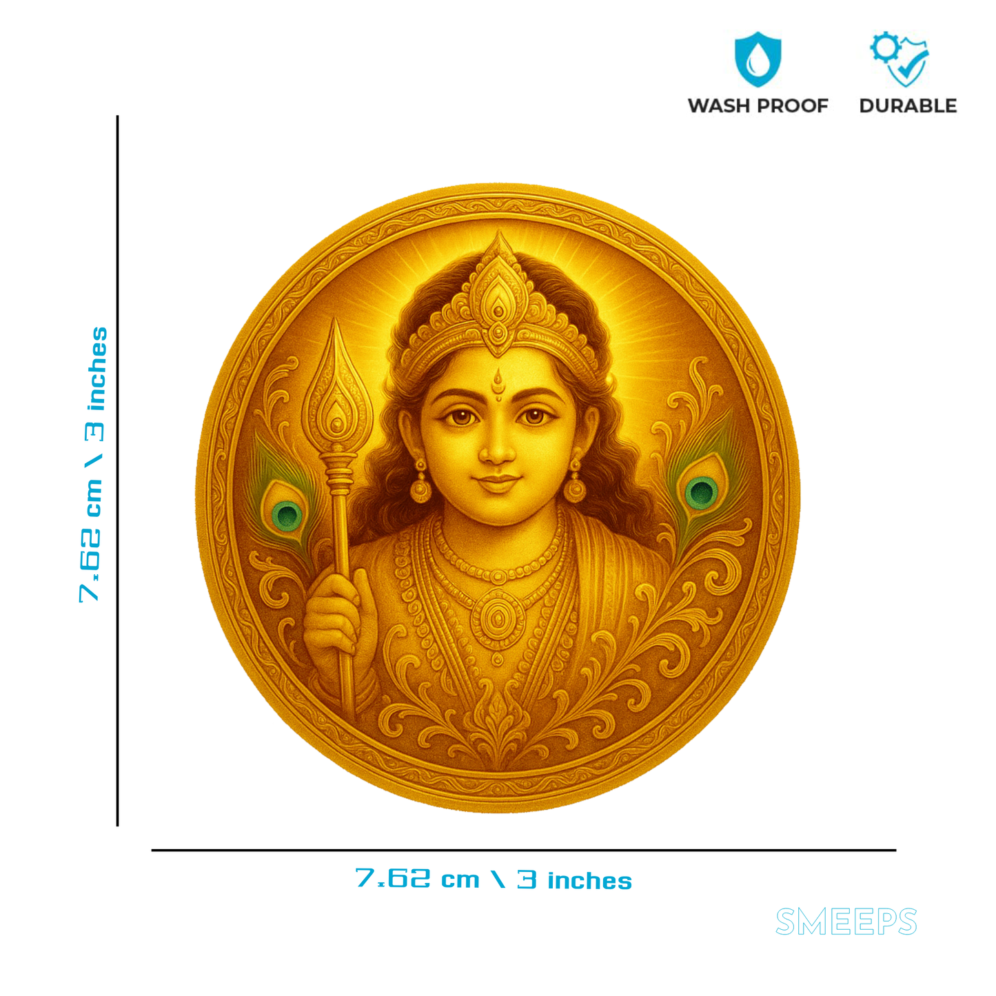 Smeeps Lord Murugan Golden Theme Sticker – 7.62 x 7.62 cm Car & Bike Vinyl Decal | Divine God Artwork | Waterproof & UV-Resistant Design