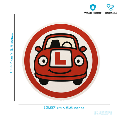 Smeeps Learner Driver Sticker – Smiling Red Car with L Plate – 13.97 x 13.97 cm | Fun & Safe Design for New Drivers
