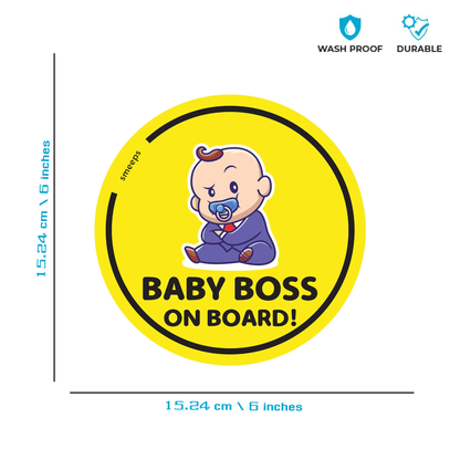 Smeeps Baby Boss on Board Car Sticker, 15.24 cm Round, Bold Yellow Safety Decal for Rear Windows – Waterproof & Weatherproof