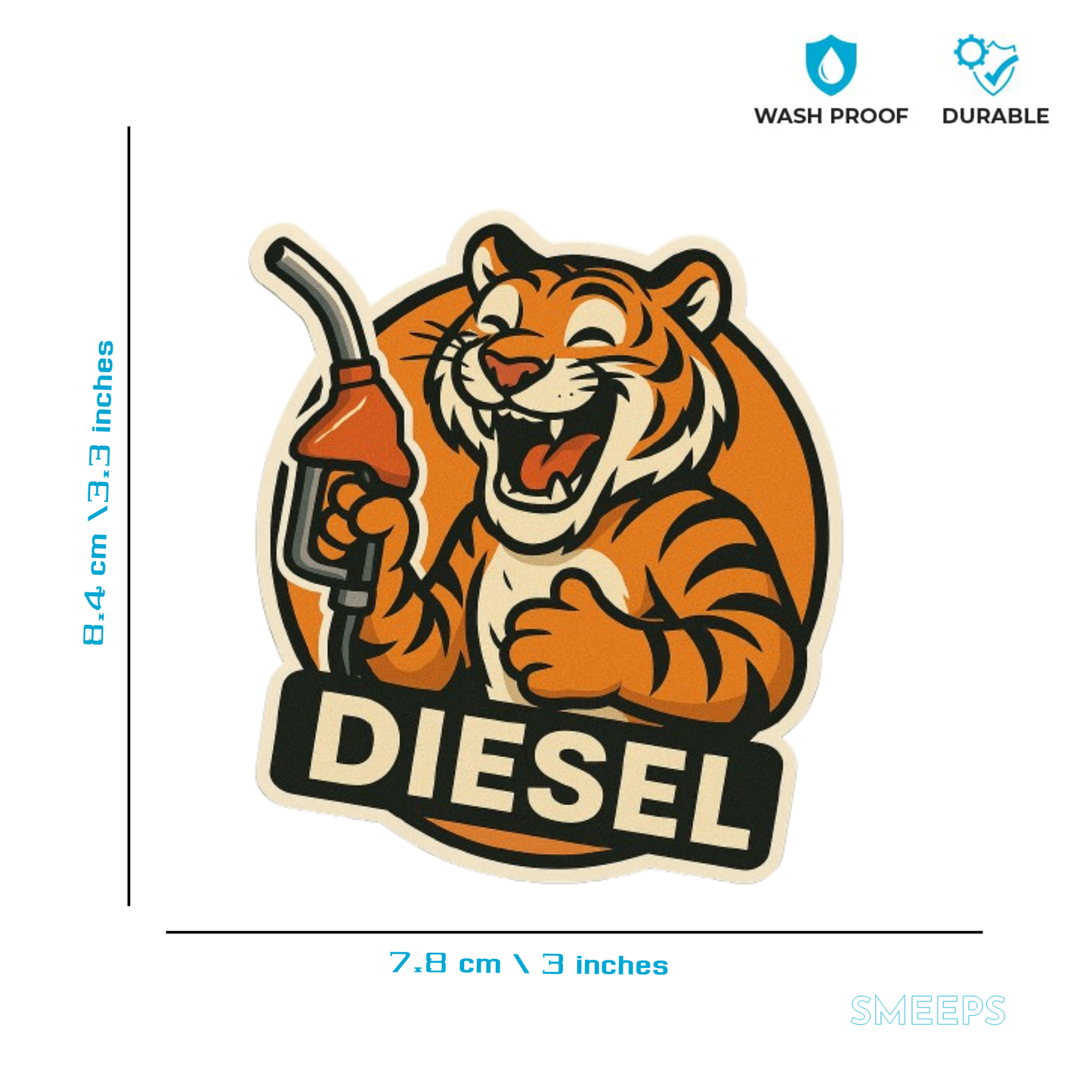 Smeeps Laughing Diesel Tiger Sticker – 8.4 x 7.8 cm Bold Fuel-Themed Car Decal with Roaring Cartoon Tiger & Nozzle Design | Waterproof Vinyl for Cars Only