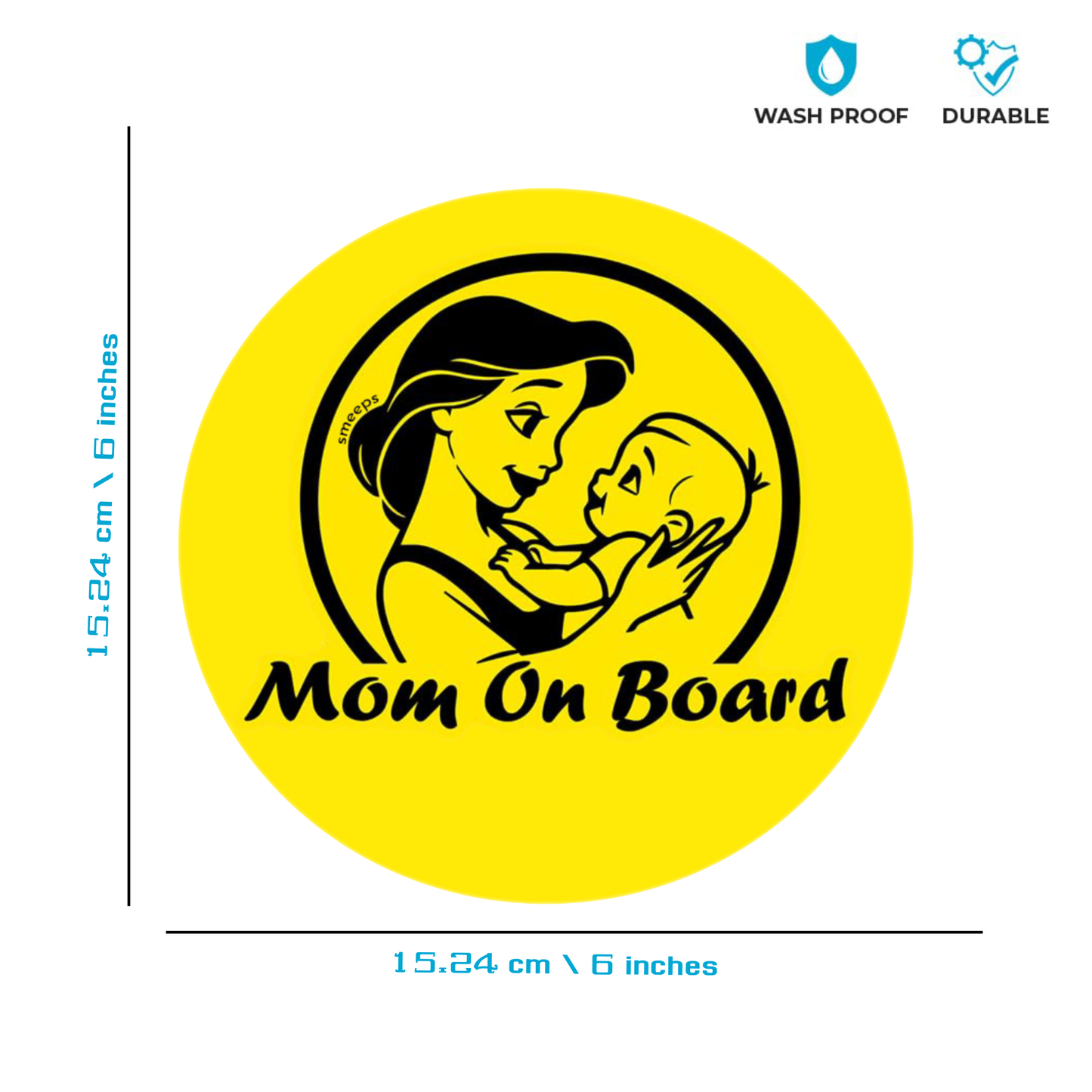 Smeeps Mom on Board Sticker – 15.24 cm Round | Loving Mom & Baby Design | Yellow & Black Waterproof Car Safety Sign