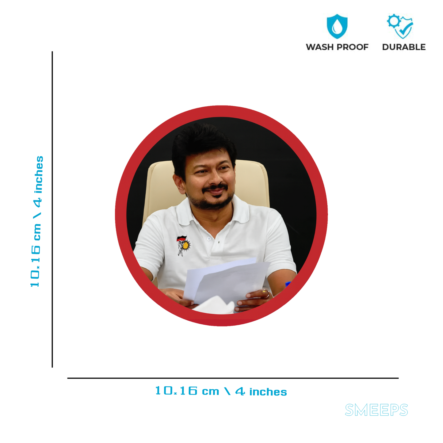 Smeeps Udhayanidhi Stalin Sticker – Premium Political Leader Decal | 10.16 cm Waterproof Vinyl | DMK Supporters Car & Bike Sticker