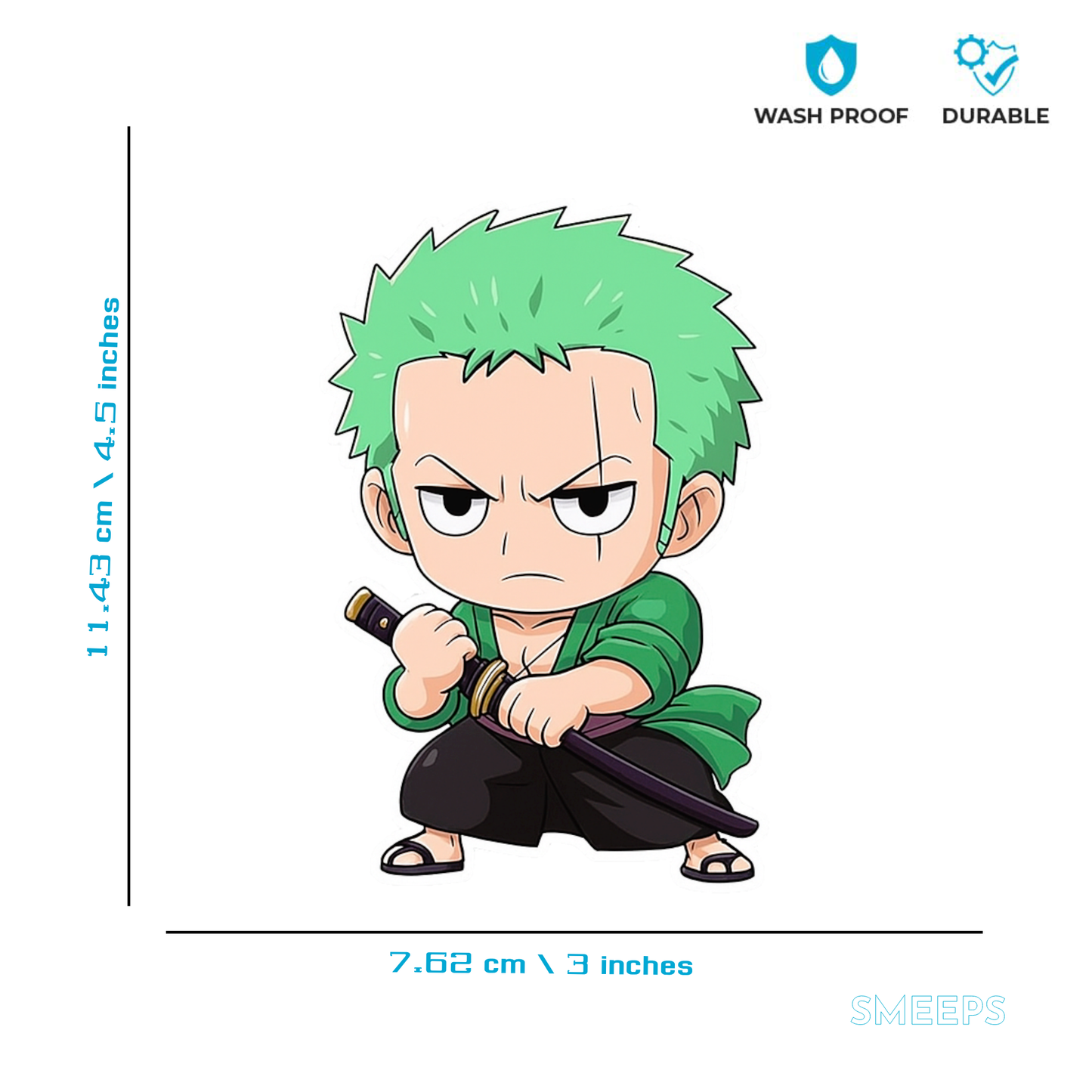 Smeeps Zoro Chibi Sticker – 11.43 x 7.62 cm Sword Pose Anime Car & Bike Decal | Waterproof & UV Resistant Vinyl