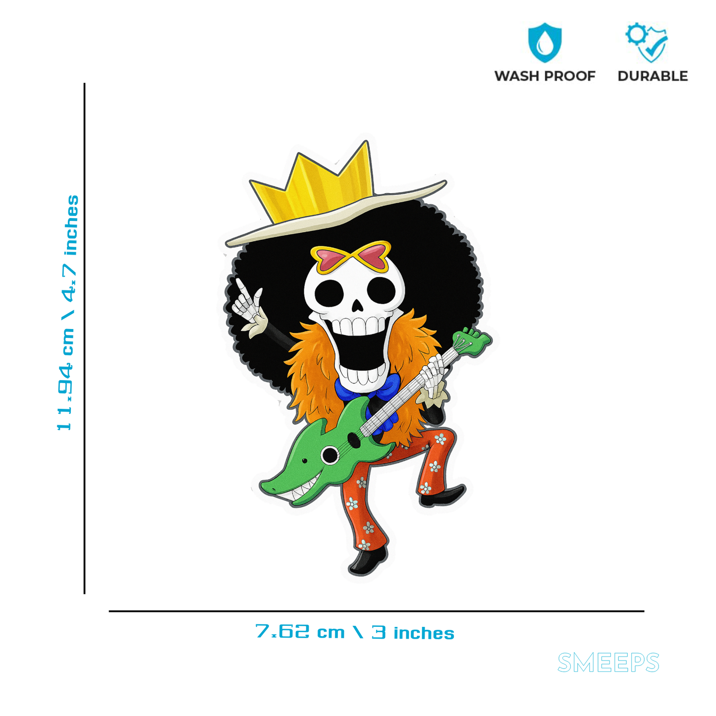 Smeeps Brook One Piece Sticker – 11.94 x 7.62 cm Anime Car & Bike Decal | Soul King Guitar Design | Waterproof & Durable Vinyl