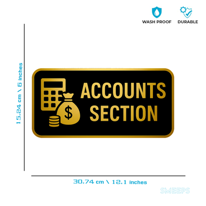 Smeeps Accounts Section Door Sticker – 30.74 x 15.24 cm Office Label Sign | Gold & Black Premium Vinyl | Waterproof & Durable