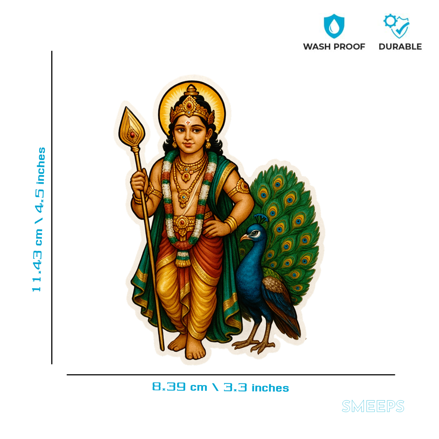 Smeeps Lord Murugan Sticker – Premium Muruga with Peacock Vinyl Decal | 8.39 x 11.43 cm | Waterproof & UV Resistant Car/Bike Sticker