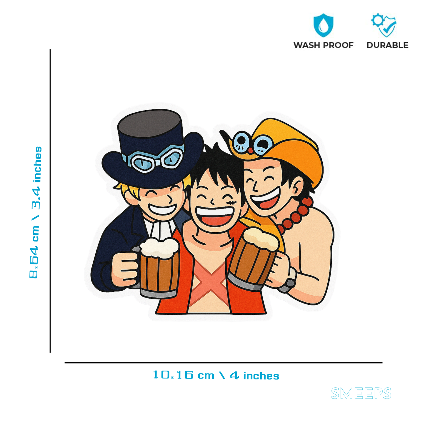 Smeeps One Piece Brothers Sticker – Luffy, Ace & Sabo Chibi Design | 10.16 x 8.64 cm Car & Bike Vinyl Decal | Waterproof & UV-Proof Anime Sticker