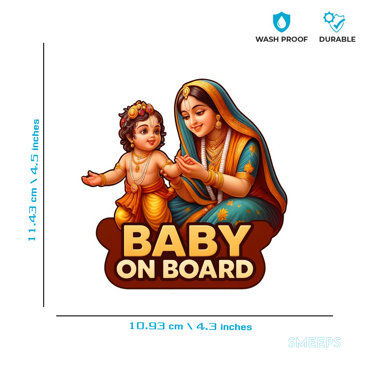 Smeeps Baby On Board Sticker – Krishna with Yashoda Divine Design | 11.43 x 10.93 cm Premium Car & Bike Safety Decal | Waterproof & Durable