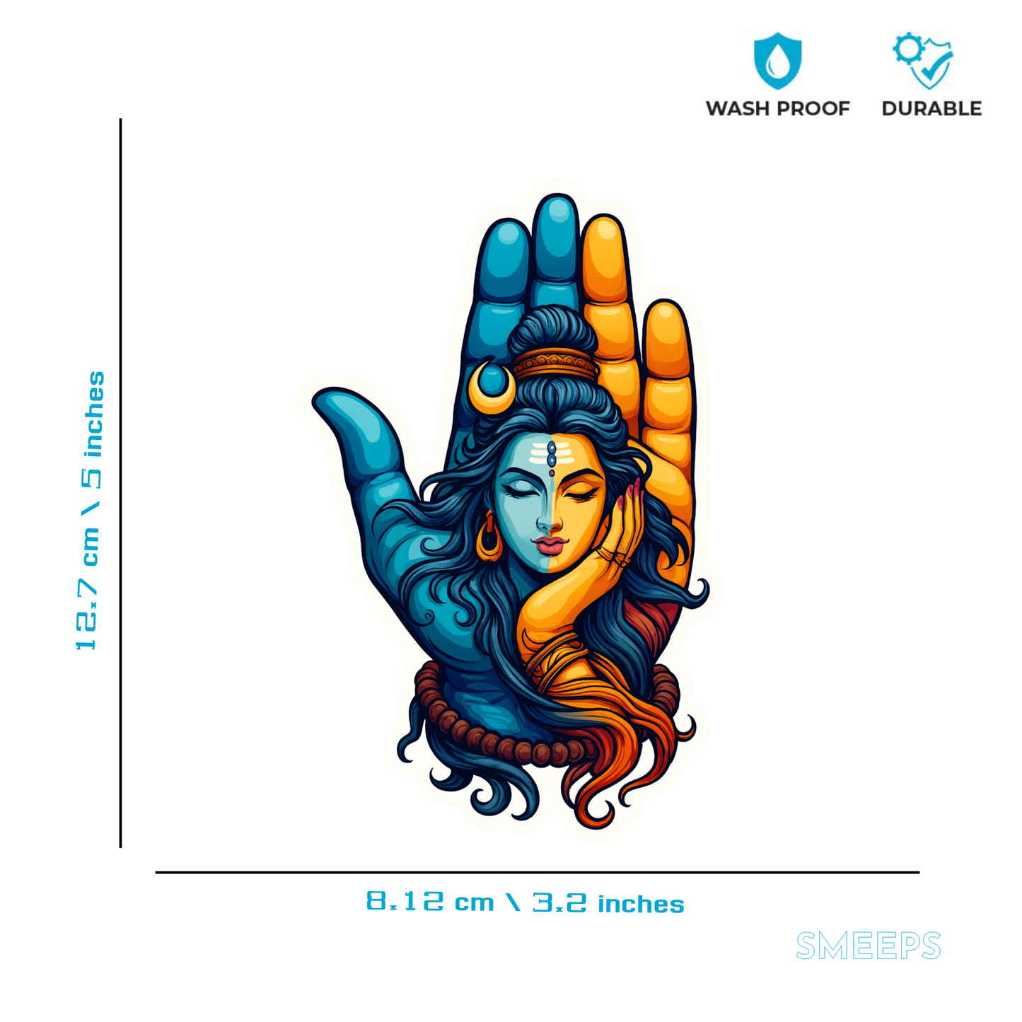 Smeeps Shiva–Shakti Hand Art Sticker – 12.7 x 8.12 cm Spiritual Vinyl Decal | Divine Half-Shiva Half-Shakti Design | Waterproof & UV-Resistant