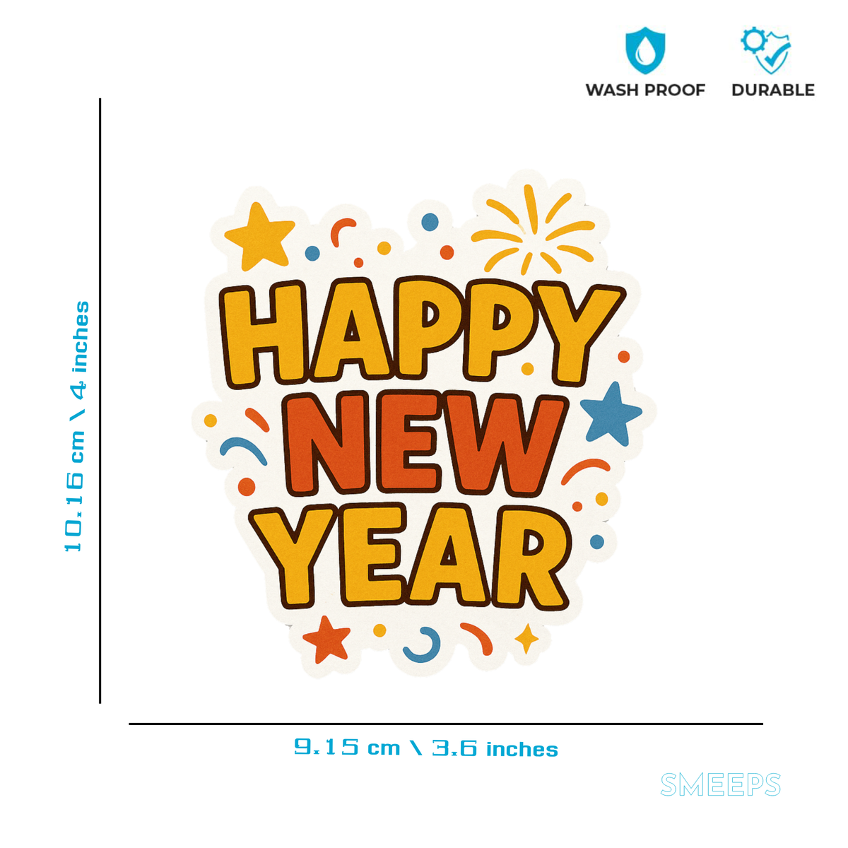 Smeeps Happy New Year Sticker – 10.16 x 9.15 cm Festive Celebration Decal | Party Theme Confetti Design | Waterproof & UV-Resistant Vinyl