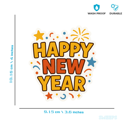 Smeeps Happy New Year Sticker – 10.16 x 9.15 cm Festive Celebration Decal | Party Theme Confetti Design | Waterproof & UV-Resistant Vinyl