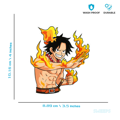 Smeeps Ace Fire Fist Anime Sticker – 8.89 x 10.16 cm Car & Bike Vinyl Decal | One Piece Inspired Waterproof Flame Design